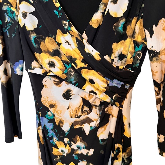Ralph Lauren Black Yellow multi Floral Ruched Faux Wrap Dress V Neck Size 2 - Picture 10 of 17
